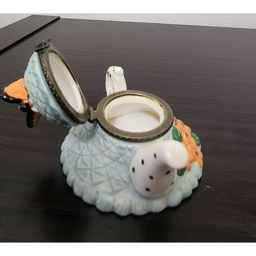 Teapot Butterfly Trinket Box Blue Porcelain Hinged Ring Pill treasure